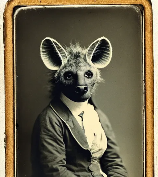 Image similar to professional studio photo portrait of anthro anthropomorphic spotted hyena head animal person fursona wearing clothes by Louis Daguerre daguerreotype