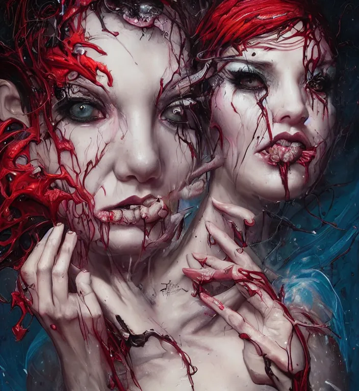 Image similar to a dream portrait of a gorgeous succubus dancing, beautiful, terrifying, melting, webbing, 8 k, by tristan eaton, stanley artgerm, tom bagshaw, greg rutkowski, carne griffiths, ayami kojima, beksinski, giger, trending on deviantart, face enhance, hyper detailed, minimalist, horror, full colour