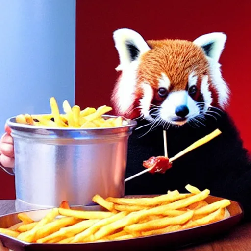 Image similar to red panda darth vader eating fries