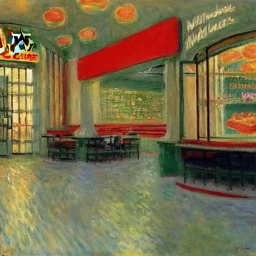 Image similar to mcdonalds designed by Claude Monet, interior photography