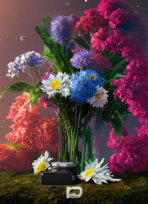 Prompt: An epic fantastic realism comic book style painting of the most beautiful flowers launched into space, bouquets, fisheye lens, unreal 5, DAZ, hyperrealistic, octane render, by Rachel Ruysch, dynamic lighting