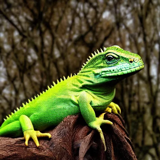 Image similar to medieval cloak wearing lizard, photograph captured in the woods