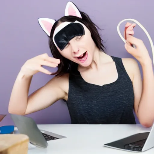 Image similar to cute woman wearing tank top and cat ears plays on computer