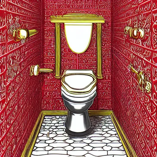 Image similar to a golden toilet with red flowers embossed into the material, the toilet is shiny, junji ito, varying locations, varying angles, color restoration