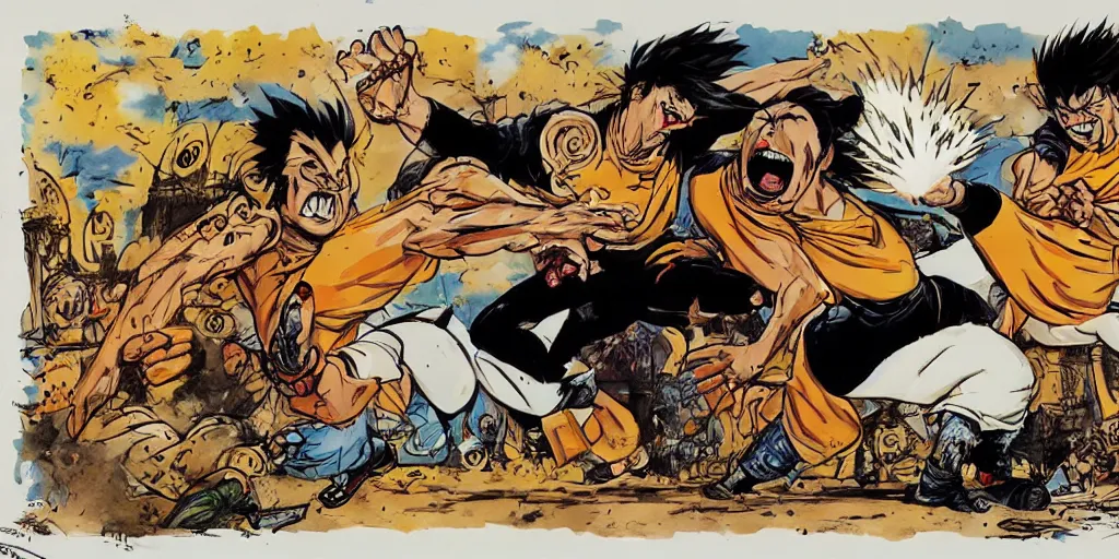 Image similar to kamehameha vs hadouken, ralph steadman style