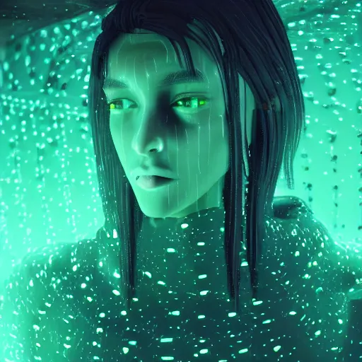 Image similar to a human made out of rain, neon, rendered in octane, unreal engine, highly detailed, realistic, beautiful, emotional