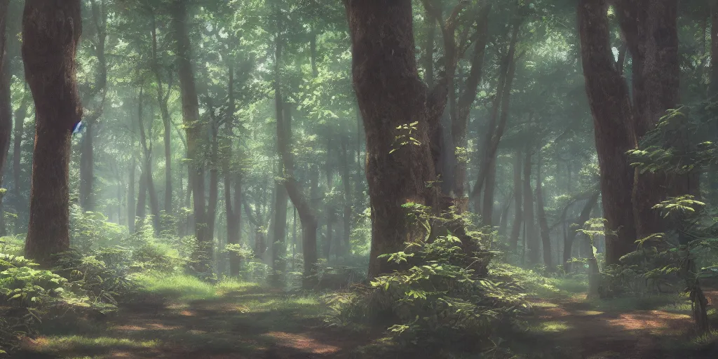 Image similar to The woods, cinematic angle, studio Ghibli, cinematic lighting, detailed oil painting, hyperrealistic, 8k