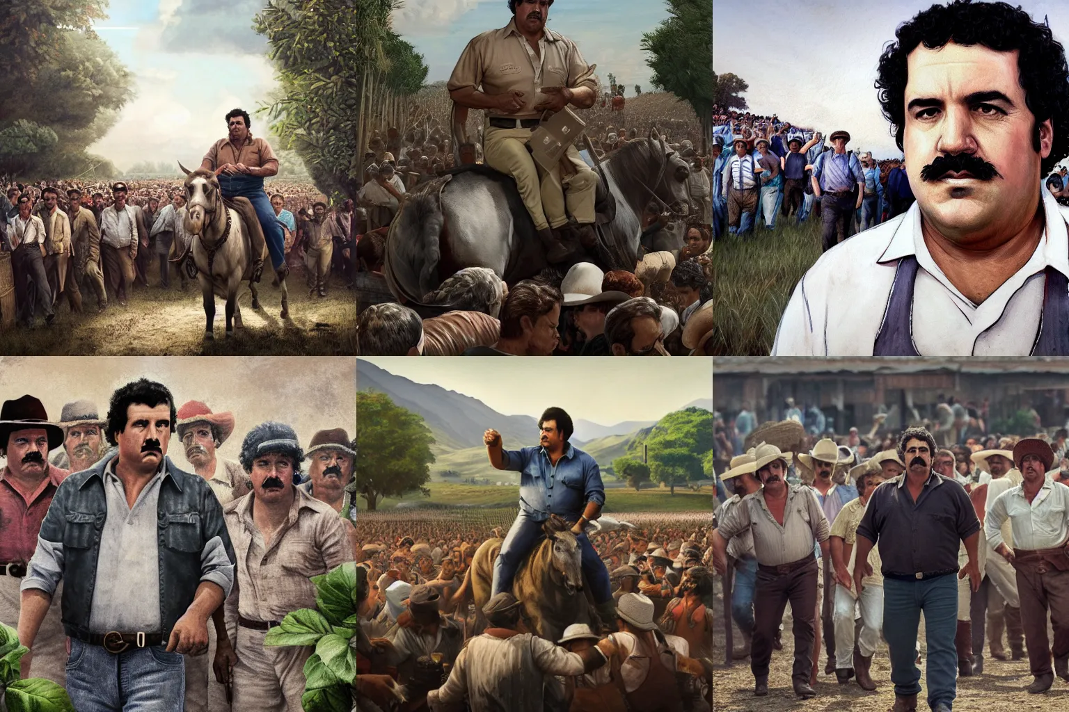 Prompt: pablo escobar as farmer leading the people in quarto stato by pelizza da volpedo, masterpiece 4 k digital, highly detailed, trending on artstation, award winning