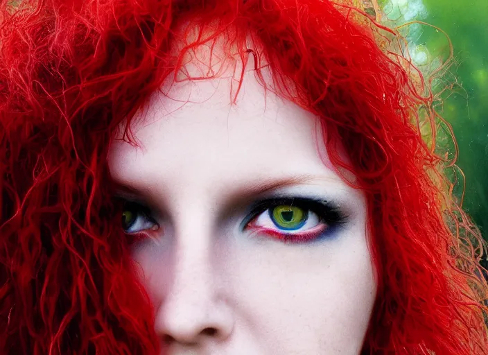 Image similar to award winning 3 5 mm close up face portrait photo of a redhead with blood - red wavy hair and intricate dragon eyes in a park by luis royo