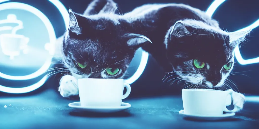 Prompt: tron cat knocking over a coffee cup with a disk