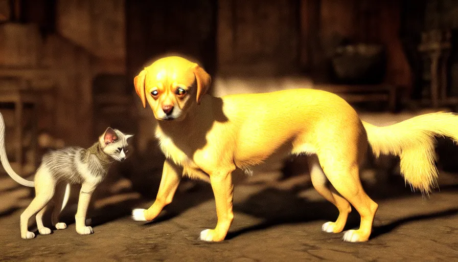 Prompt: a tropical dog dog kitten in the style of francisco goya, 4 k resolution, in skyrim videogame, bethesda skyrim npc, unreal engine render