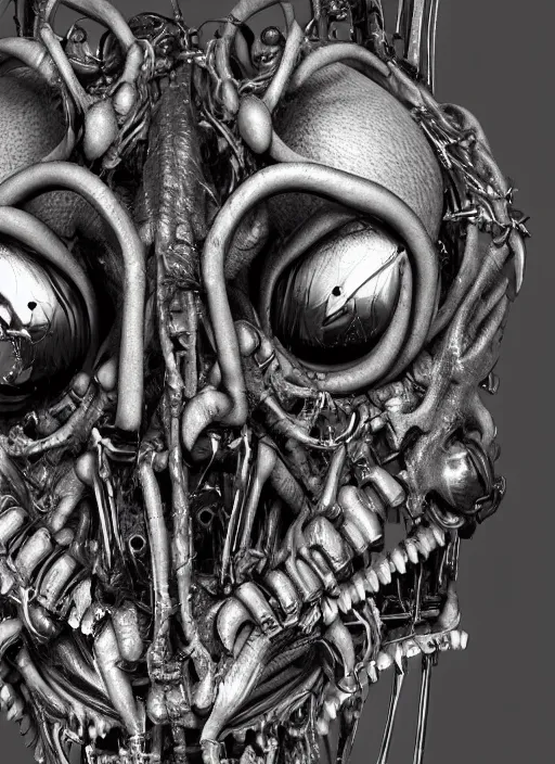 Image similar to a close up of a creepy looking biomechanical animal head face portrait, gigeresque cyberpunk art by ikuo hirayama, photorealism, octane render, behance hd, polycount