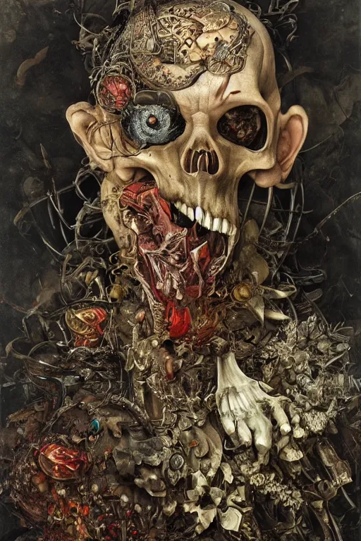 Image similar to Detailed maximalist portrait a with large lips and with large white eyes, angry expression, fleshy skeletal, botany, HD mixed media collage, highly detailed and intricate, Matte painting by Adrian Ghenie, Hans Baldung, Jaroslav Jasnikowski and James Jean, dark art, baroque