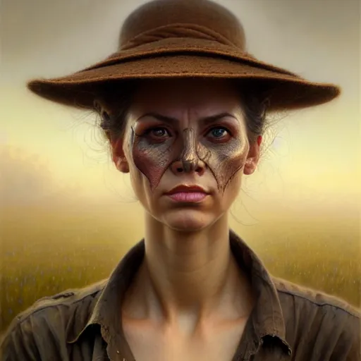 Prompt: closeup portrait shot of a female farmer, thick fancy makeup, highly detailed, dirty face, digital painting, artstation, concept art, soft focus, depth of field, artgerm, tomasz alen kopera, peter mohrbacher, donato giancola, joseph christian leyendecker, wlop, boris vallejo