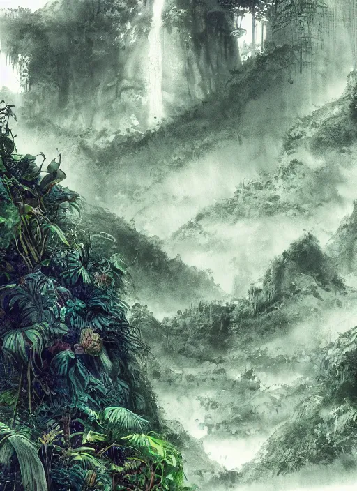 Prompt: jungle valley next to a mountain , watercolor, dramatic lighting, cinematic, establishing shot, extremely high detail, foto realistic, cinematic lighting, pen and ink, intricate line drawings, by Yoshitaka Amano, Ruan Jia, Kentaro Miura, Artgerm, post processed, concept art, artstation, matte painting, style by eddie mendoza, raphael lacoste, alex ross