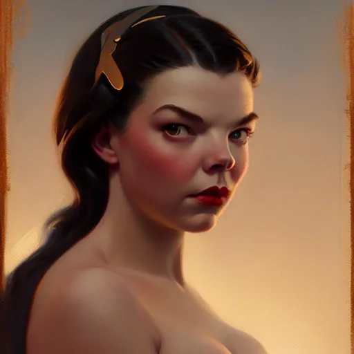Prompt: matte painting, trending on artstation, gil elvgren, greg rutkowski, magali villeneuve, artgerm, jeremy lipkin, michael garmash, portrait en buste anya taylor - joy