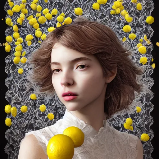 Image similar to the portrait of an absurdly beautiful, graceful, elegant, sophisticated, young teen girl made up of lemons looking up, an ultrafine hyperdetailed illustration by kim jung gi, irakli nadar, intricate linework, bright colors, octopath traveler, final fantasy, unreal engine 5 highly rendered, global illumination, radiant light, detailed and intricate environment