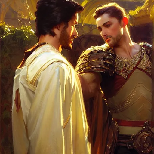 Prompt: attractive fully clothed king confesses his love for his attractive fully clothed male prince. highly detailed painting by craig mullins, gaston bussiere, mark brooks, j. c. leyendecker