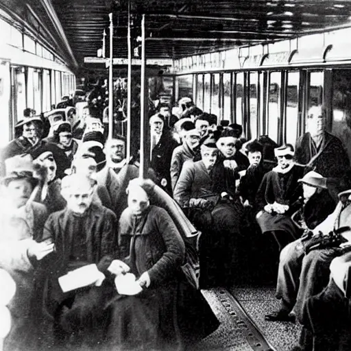 Image similar to an old historical photo of commuters in the train to new york, 1 8 9 0, everybody is looking on their smartphones