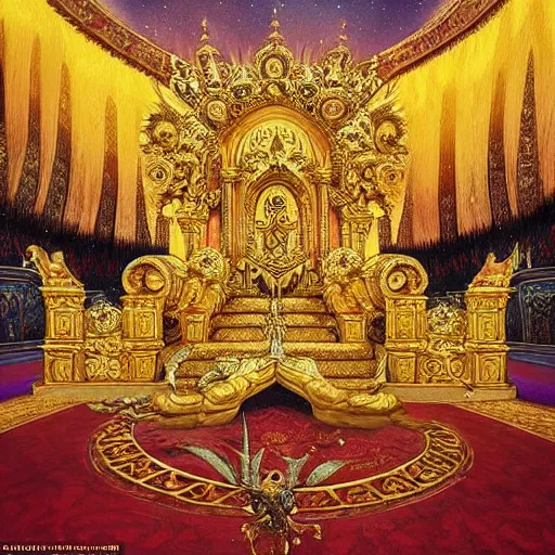 Image similar to The most epic beautiful detailed golden throne to give us hope that life is worth living in a red accented royal hall does exist in the style of esao andrews, benoit mandelbrot