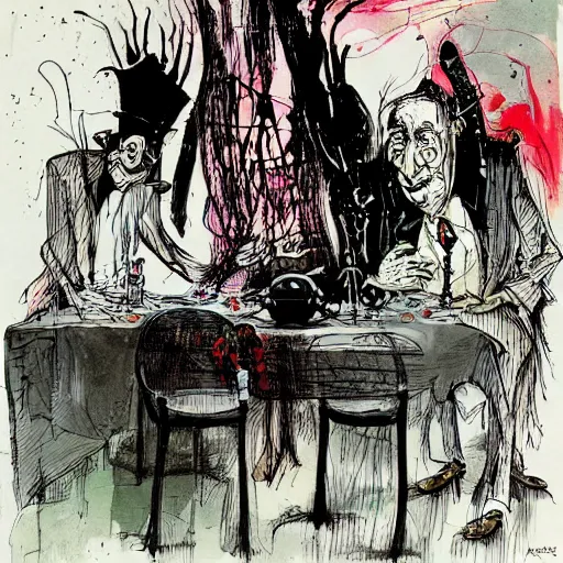 Image similar to faustian bargain, art by ralph steadman