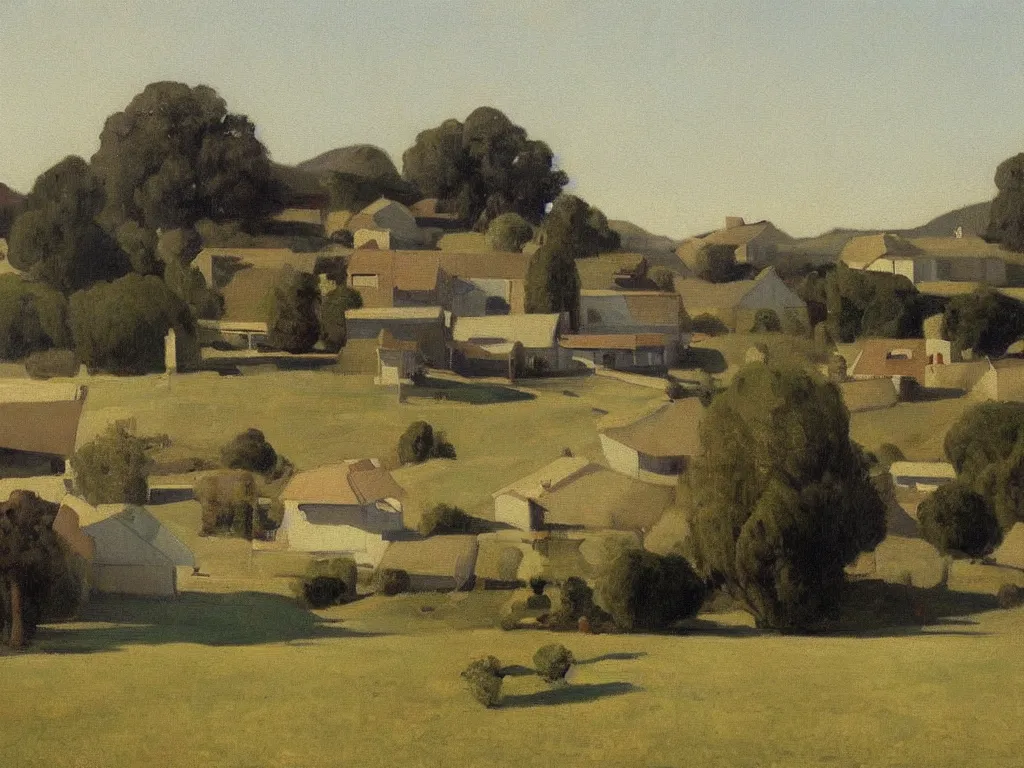 Image similar to a painting of california suburb by peter ilsted