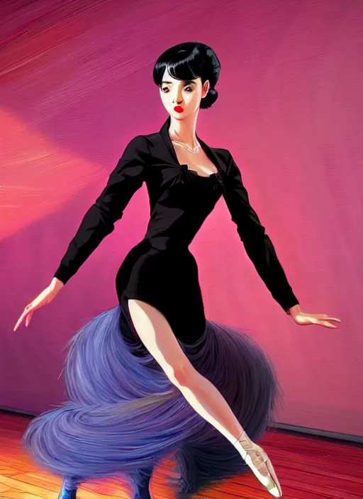 Image similar to a beautiful dancer with black hair in 1960's fashion, ballroom background, intricate, highly detailed, digital painting, artstation, official media, anime key visual, concept art, rich vivid colors, ambient lighting, sharp focus, illustration, art by Artgerm, Makoto Shinkai, Ilya Kuvshinov, Lois Van Baarle, and Rossdraws