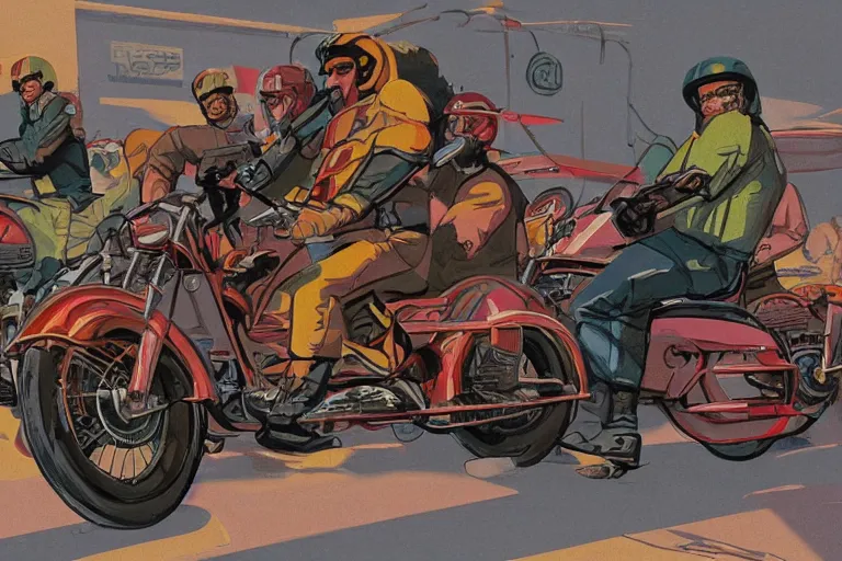 Image similar to motorcycles outside of bar roadside illustration by jack kirby in the style of syd mead artstation 4 k 8 k graphic novel concept art matte painting