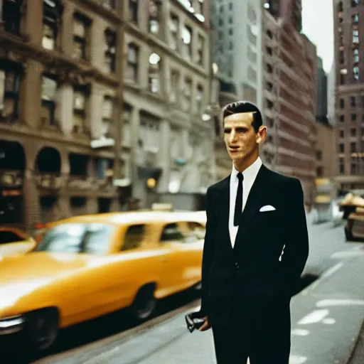 Prompt: analog medium format street photography portrait of an elegant man in in new york, 1 9 6 0 s, ultra - detailed portrait featured on unsplash, photographed on colour expired film