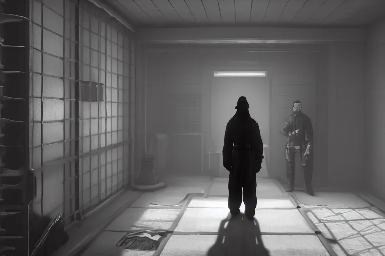 Image similar to a cinematic portrait of a prisoner dressed in a a black and white hazmat suit in a small prison cell, red dead redemption 2, dust storm, annie leibovitz and zack snyder, 8 k, hd, high resolution, 8 5 mm, f / 1. 8