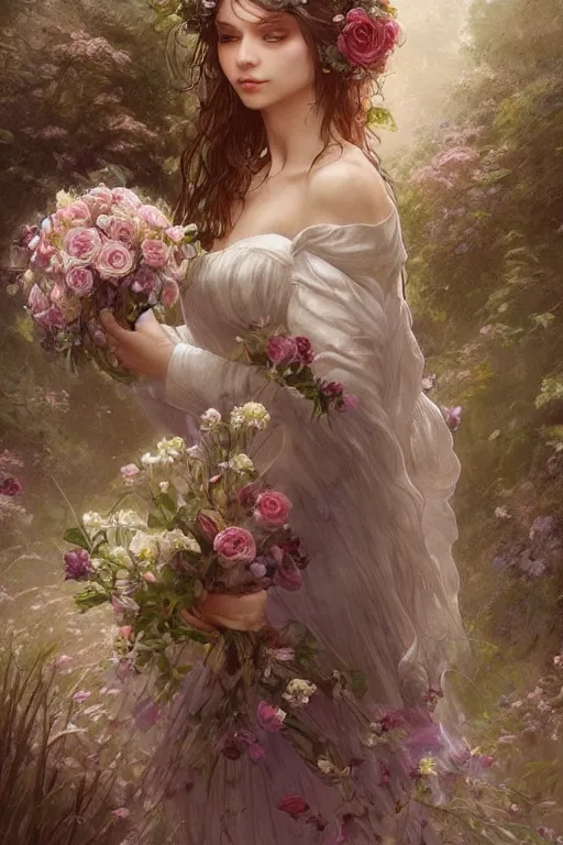 Prompt: beautiful natural bride wearing flowers in hair and carrying a rose bouquet walking down a misty path, intricate, elegant, highly detailed, digital painting, artstation, concept art, smooth, sharp focus, illustration, art by artgerm and greg rutkowski and alphonse mucha