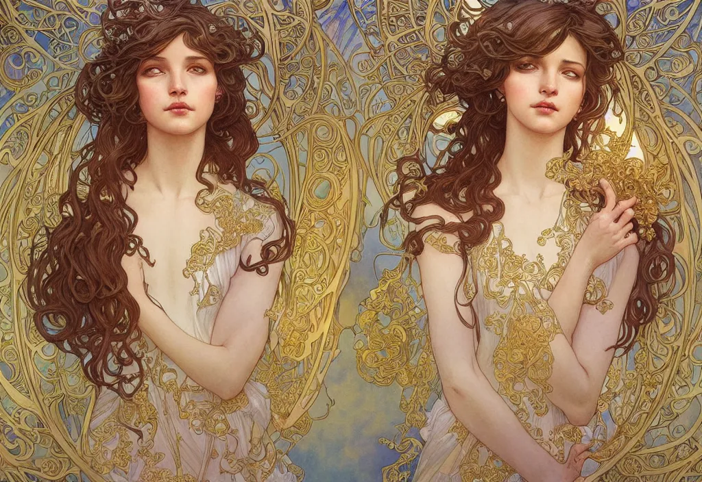 Image similar to angel, highly detailed, very intricate, art nouveau, gold filigree, romantic storybook fantasy, soft cinematic lighting, award - winning, disney concept art watercolor illustration by mandy jurgens and alphonse mucha and alena aenami, pastel color palette, featured on artstation