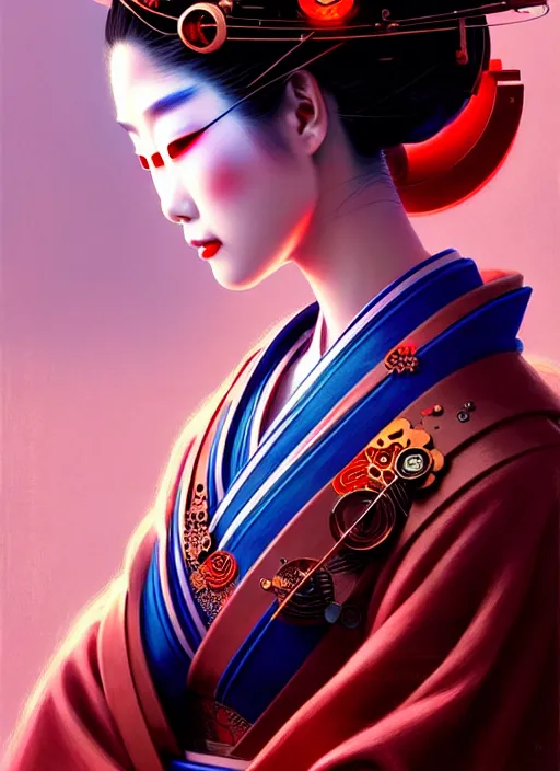 Prompt: beautiful japanese geisha wearing vr eyepiece, robotic, android, cyborg, cyberpunk face, steampunk, fantasy, intricate, elegant, highly detailed, colorful, vivid color, digital painting, cool warm lighting, artstation, concept art, art by artgerm and greg rutkowski and ruan jia,