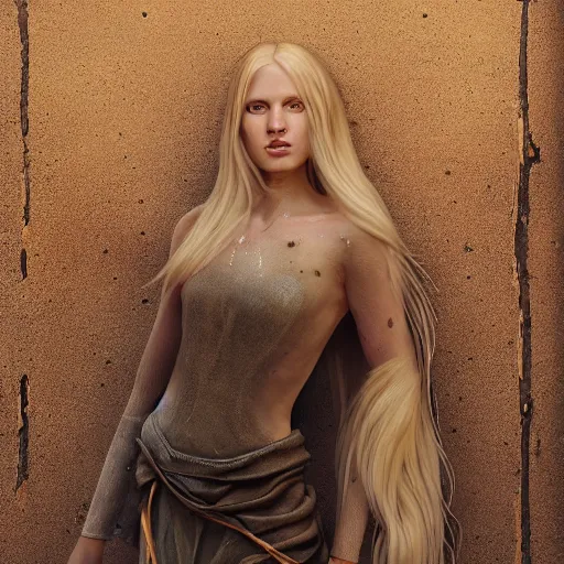 Image similar to epic cinematic shot of beautiful scandinavian princess with symmetrical face stunning eyes and long blonde standing against wooden wall surrounded full of bulletholes, weta disney pixar, hi - fructose, decadent highly - detailed digital painting, golden ratio, octane render, artstation, cinematic composition, smooth, sharp focus, artgerm, mucha, loish, wlop hdr