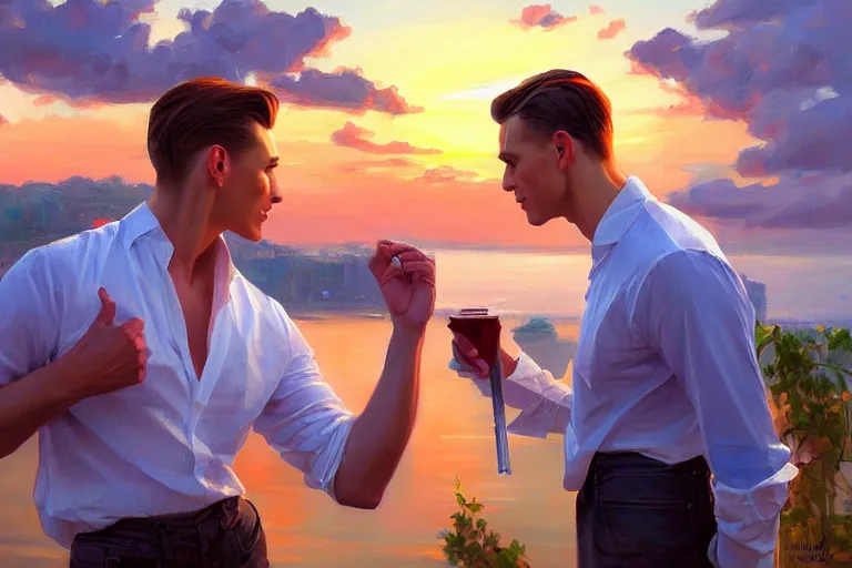 Image similar to attractive man chatting, sunset, painting by vladimir volegov, j. c. leyendecker, tom of finland, trending on artstation