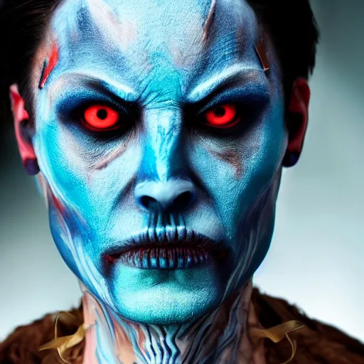 Image similar to a demon inspired by mayan blue created by the make up artist hungry, photographed by andrew thomas huang, cinematic, expensive visual effects