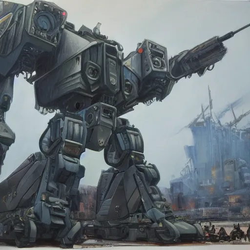 Image similar to oil painting of a huge military mech, sleek, elegant, anime style, highly detailed, complex, intricate by james gurney