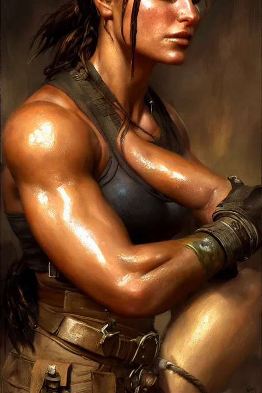 Image similar to muscular sweat lara croft, exhausted face close up, highly detailed painting by gaston bussiere, craig mullins, j. c. leyendecker 8 k