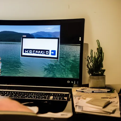 Prompt: a photo of a guy named lake on discord on his computer on the side of the lake
