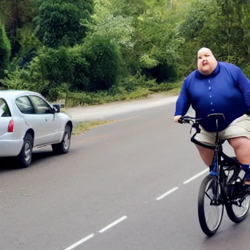 Image similar to a very fat man riding a small bicycle