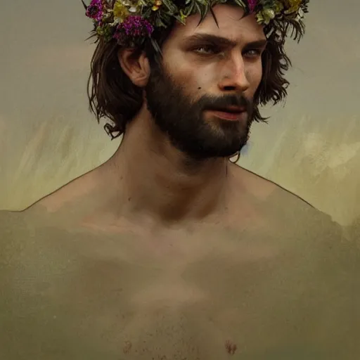 Image similar to portrait of the god of the meadow, 30 years old, meadow, flower crown, rugged, male, gorgeous, detailed face, amazing, hairy torso, muscular, intricate, highly detailed, digital painting, artstation, concept art, sharp focus, illustration, art by greg rutkowski and alphonse mucha