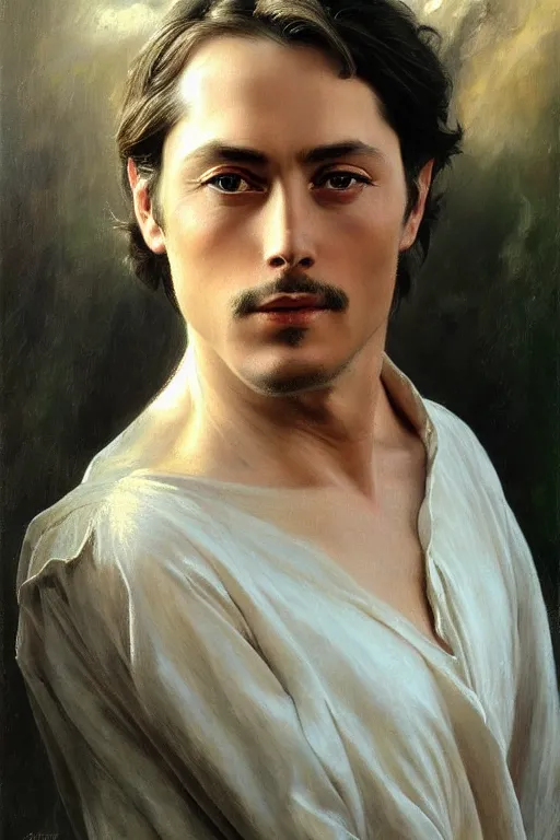 Image similar to portrait en buste alain delon by mark arian, by hughes merle, by pierre auguste cot, perfectly detailed eyes oil on canvas, masterpiece, realism,