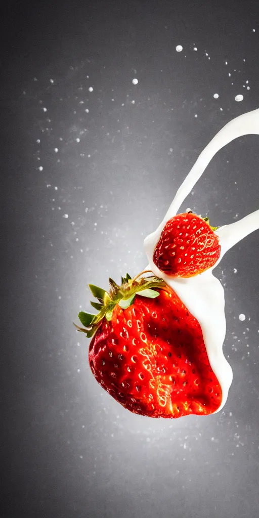 Prompt: a close up photo of milk pouring over a strawberry, macro, highly detailed, blurred background, studio lighting,