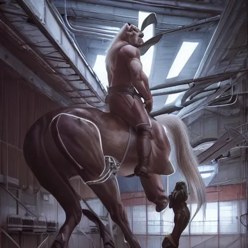 Prompt: a gigantically muscular anthro horse in a research facility wearing a skintight body armor, hulking experimental supersoldier, long white mane, equine, anthro art, furaffinity, highly detailed, digital painting, artstation, concept art, illustration, art by artgerm, greg rutkowski, ruan jia