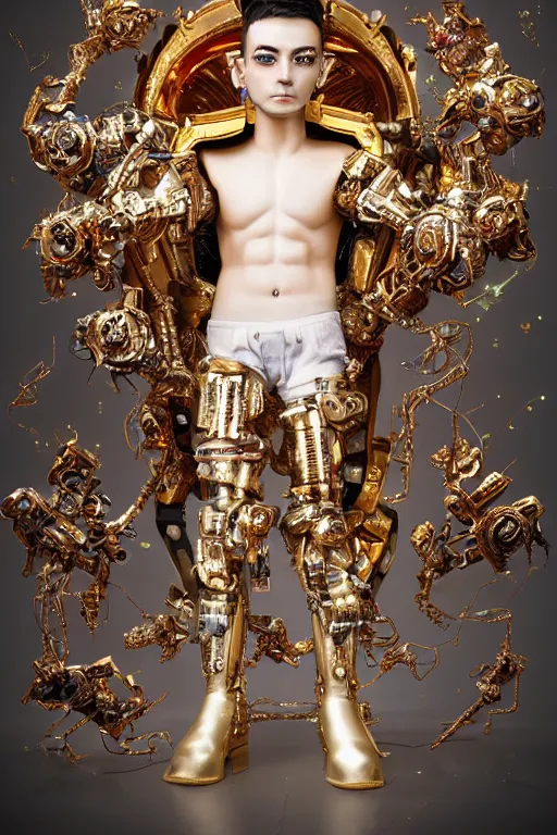 Prompt: baroque and cyberpunk style full-body sculpture of a young seductive Hispanic prince half android with a chest exposing a glowing ruby battery with porcelain arms posed like a model, glowing gold laser eyes, crown of white gears and sparkling diamonds, swirling white-colored silk fabric, robot dinosaurs. modern elements. reflective surfaces. intricate artwork by caravaggio. art by Artgerm and Alphonse Mucha, Trending on artstation, cinematic industrial lighting, photorealistic, octane render, 8k, depth of field, 3D