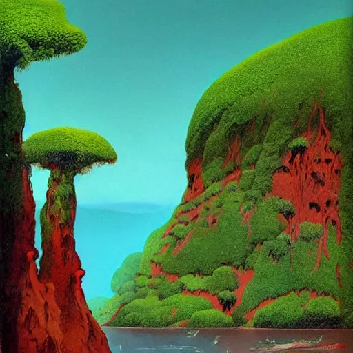 Prompt: painting of a lush natural scene on an alien planet by roger dean. beautiful landscape. weird vegetation. cliffs and water.