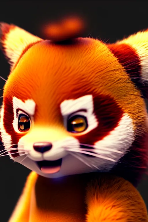 Image similar to high quality 3 d render close - up of very cute red panda & cat hybrid, vray, detective pikachu, very dramatic light, low angle uhd 8 k, shallow depth or field