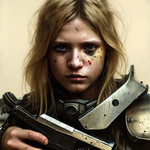 Image similar to portrait painting of a post - apocalyptic blonde teenager with matted long hair wearing light scrap armor with an old gun on his back, ultra realistic, concept art, intricate details, eerie, highly detailed, photorealistic, octane render, 8 k, unreal engine. art by artgerm and greg rutkowski and charlie bowater and magali villeneuve and alphonse mucha