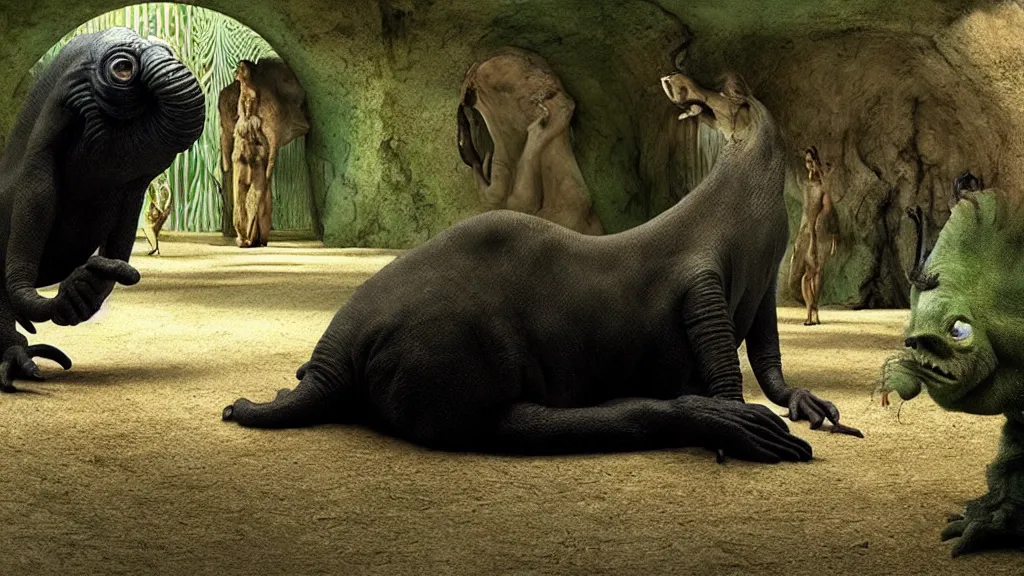 Prompt: a strange creature in a zoo, film still from the movie directed by denis villeneuve and david cronenberg with art direction by salvador dali and dr. seuss