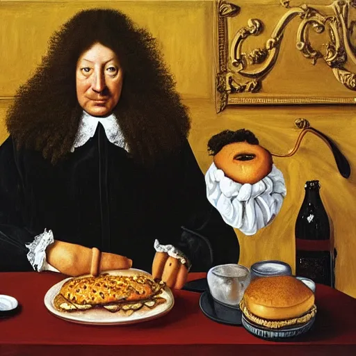 Image similar to painting portrait of louis xiv eating hamburger by lucian freud and bob bottin and reubens